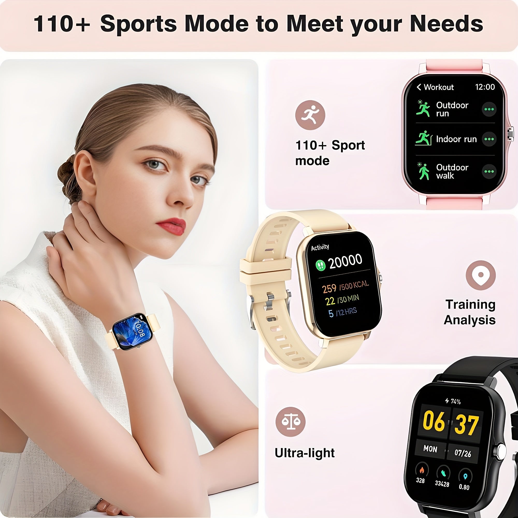 Novo smartwatch com tela sensível ao toque de 1,83 polegadas e pulseira de silicone para homens e mulheres, rastreador de atividades físicas com mostrador personalizável