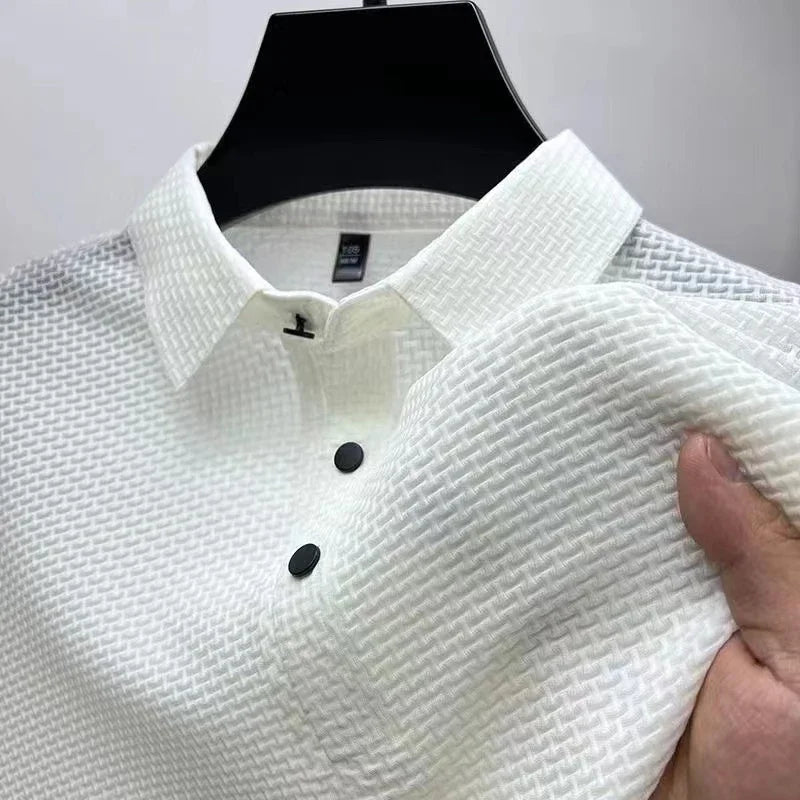 Novo negócio masculino casual manga curta osso flor cor sólida camisa polo moda respirável confortável verão versátil topo
