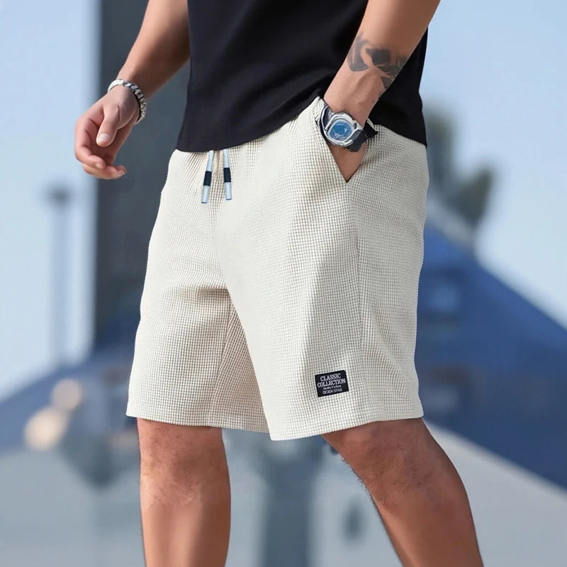 Shorts masculinos, calças casuais masculinas, shorts de praia masculinos, shorts esportivos masculinos, novo tecido texturizado elegante, calças respiráveis, adequados para uso casual diário e esportes