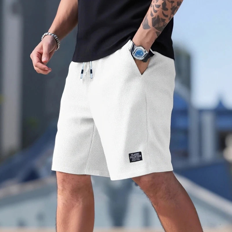 Shorts masculinos, calças casuais masculinas, shorts de praia masculinos, shorts esportivos masculinos, novo tecido texturizado elegante, calças respiráveis, adequados para uso casual diário e esportes